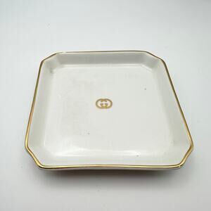 Gucci Vintage Ivory Gold Trim Square Signature GG Porcelain Ashtray Minimalist